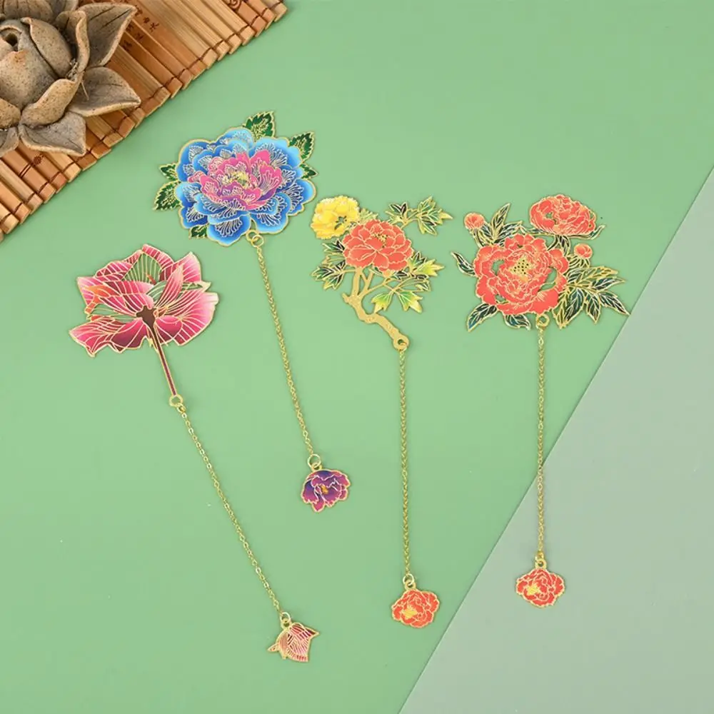 Marcapáginas de flores de peonía, colgante de estilo chino, marcapáginas hueco de flores de Metal, borlas ahuecadas, papelería