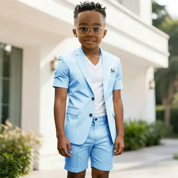 Summer Sky Blue Boy's Suit Set Homecoming Party Kids Jackets Slim Fit Blazer Pants 2 Pieces Beach Wedding Party Children Tuxedos 1