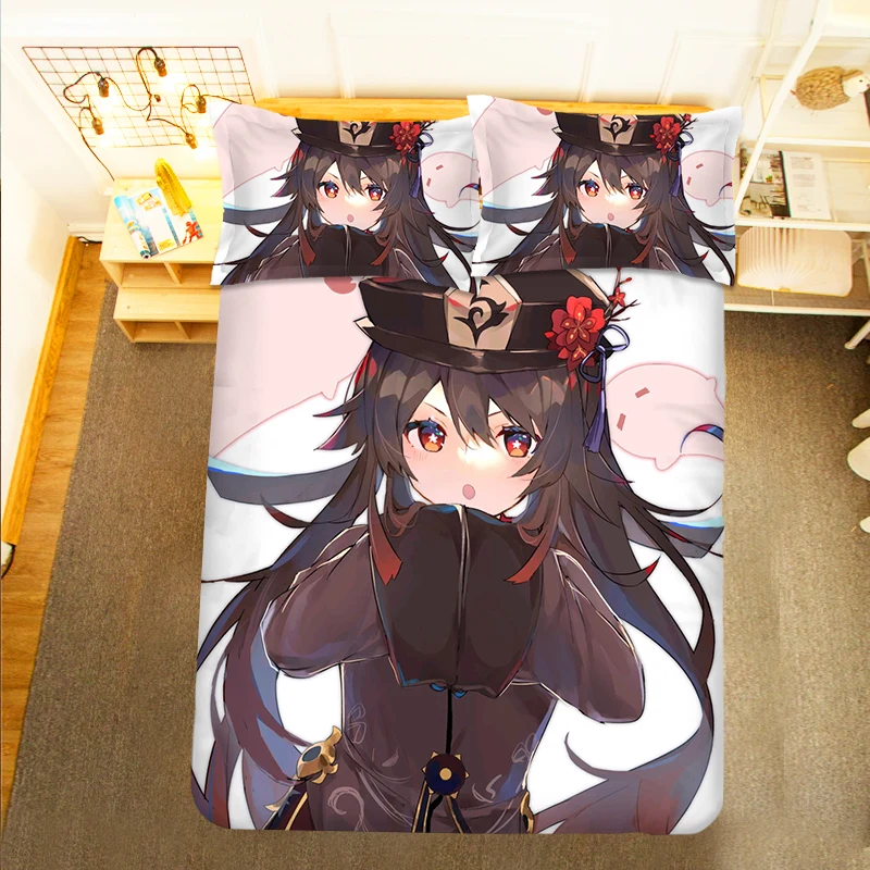 Genshin Impact HuTao Girl 3PCS Duvet Cover Sets Cartoon Bedding Children Room Pillow Case 