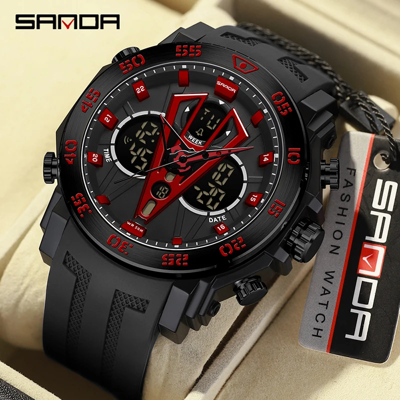 SANDA Digital Watch Men Military Army Sport Chronograph Quartz Wristwatch Original 50m Waterproof Male Electronic Clock New 6105 smael sport watch for men waterproof 50m led chronograph electronic clock dual time zone quartz military wristwatches 8052