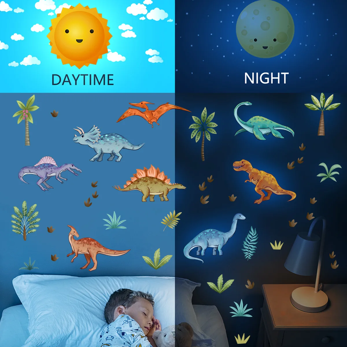 Blue Luminous Dinosaur Wall Stickers Glow in The Dark Dino Decals for Kids Room Boys Bedroom Wall Decoration Fluorescent Sticker