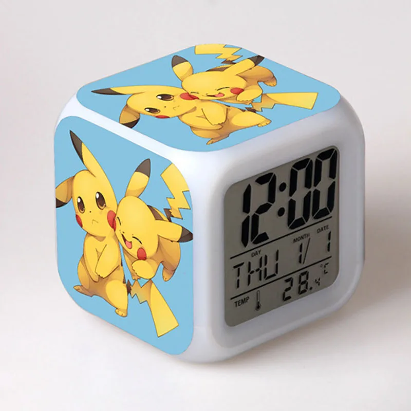 Anime Pikachu Pokemon Luminoso Led Colorato Flash Sveglia Luce Da Tavolo Con Action Figure Di Temperatura Giocattoli Per Regali Per Bambini