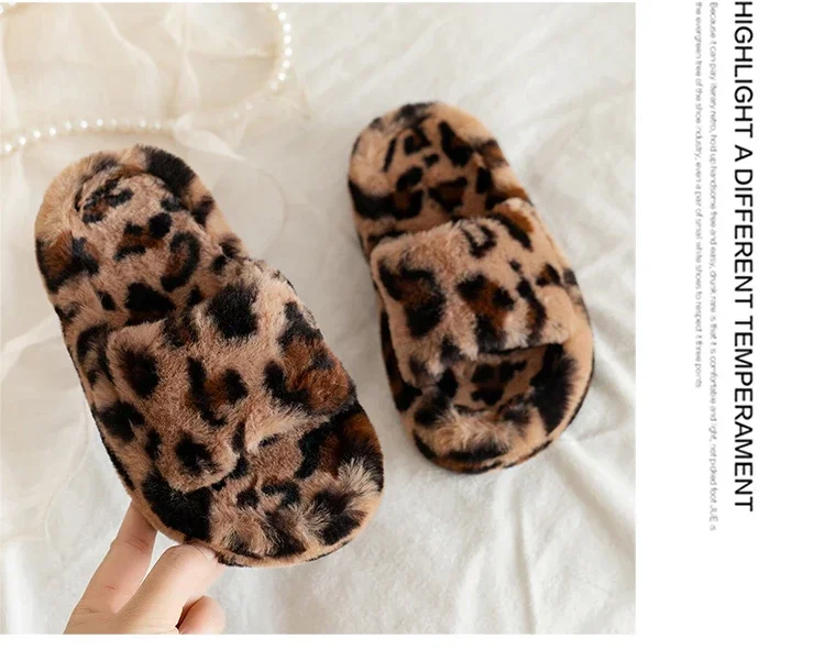 2025, Winter Neue kinder Schuhe Plüsch Hausschuhe Leopard Muster Mode Warme Schuhe Indoor Koreanische Mädchen Casual Hausschuhe – Detail 9
