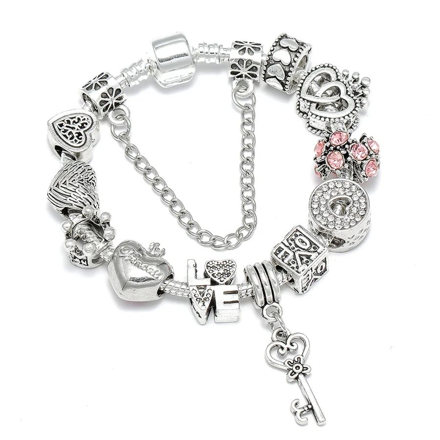 Bracelet Jewelry Heart Key Pendant Charm Beaded Bracelet For Women Girls Princess Crown