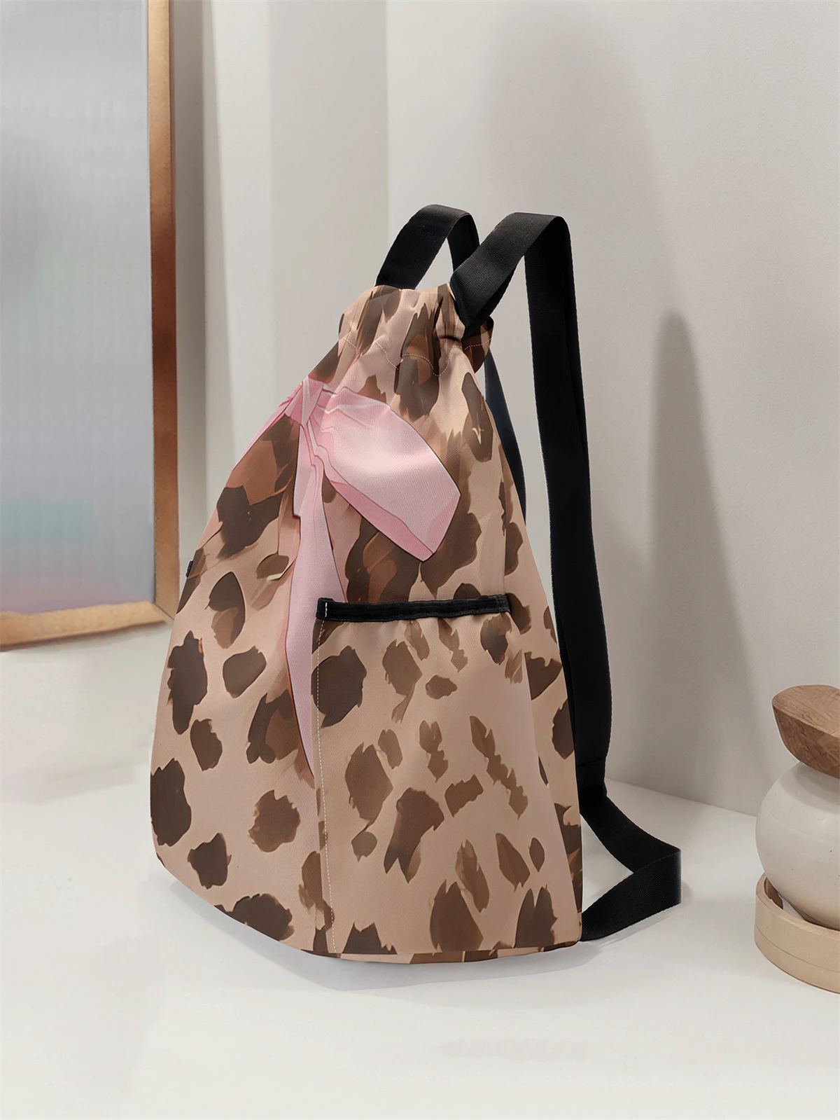 Bow Pattern Printed Drawstring Backpack - Large Capacity Durable Fitness Bag, Adjustable Shoulder Straps, Sports Beach Backpack