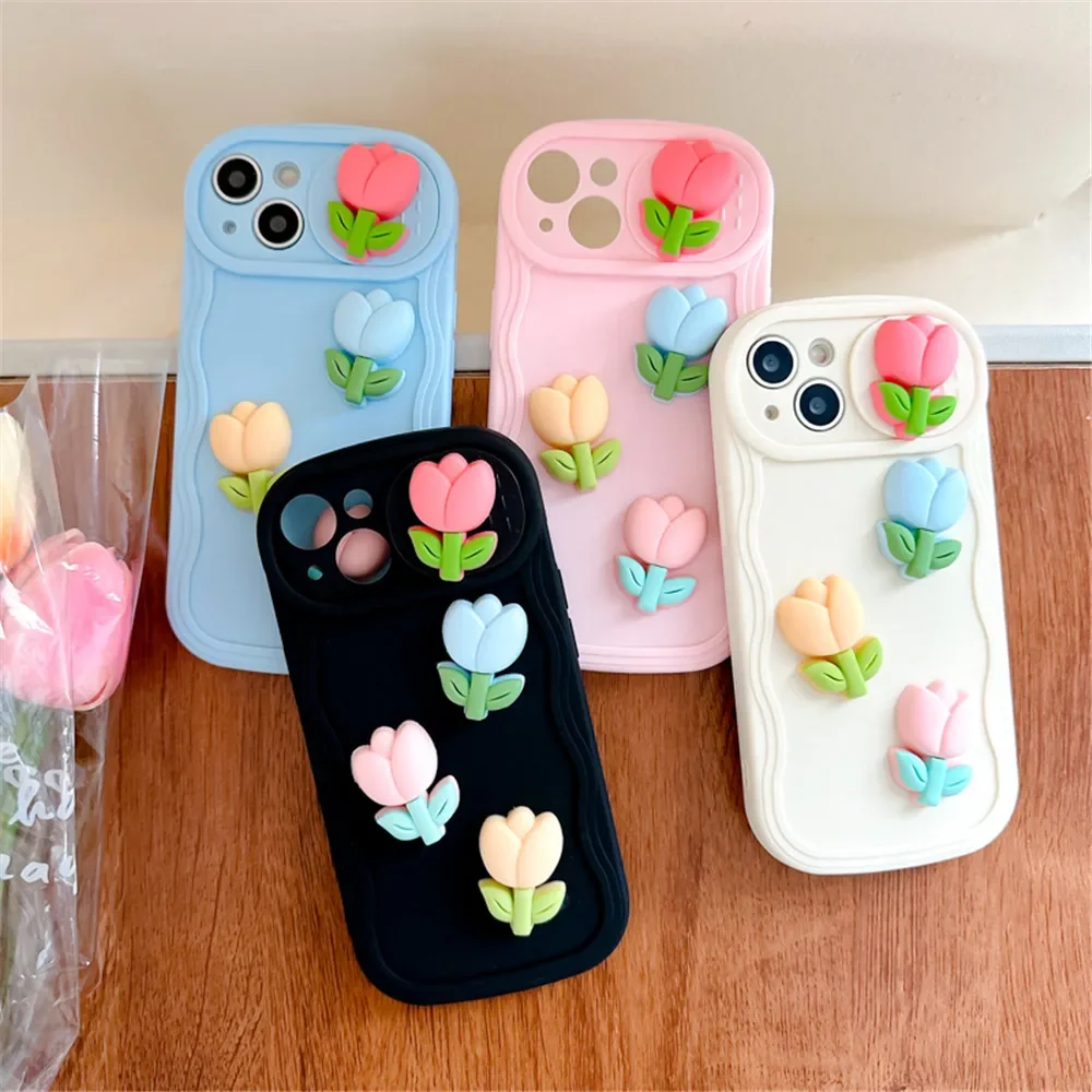 

3D Cute Tulip Push Window Slide Camera Protector Phone Case For iPhone 14 Pro 11 12Pro 13 13Pro Max Silicone Back TPU Cover Capa