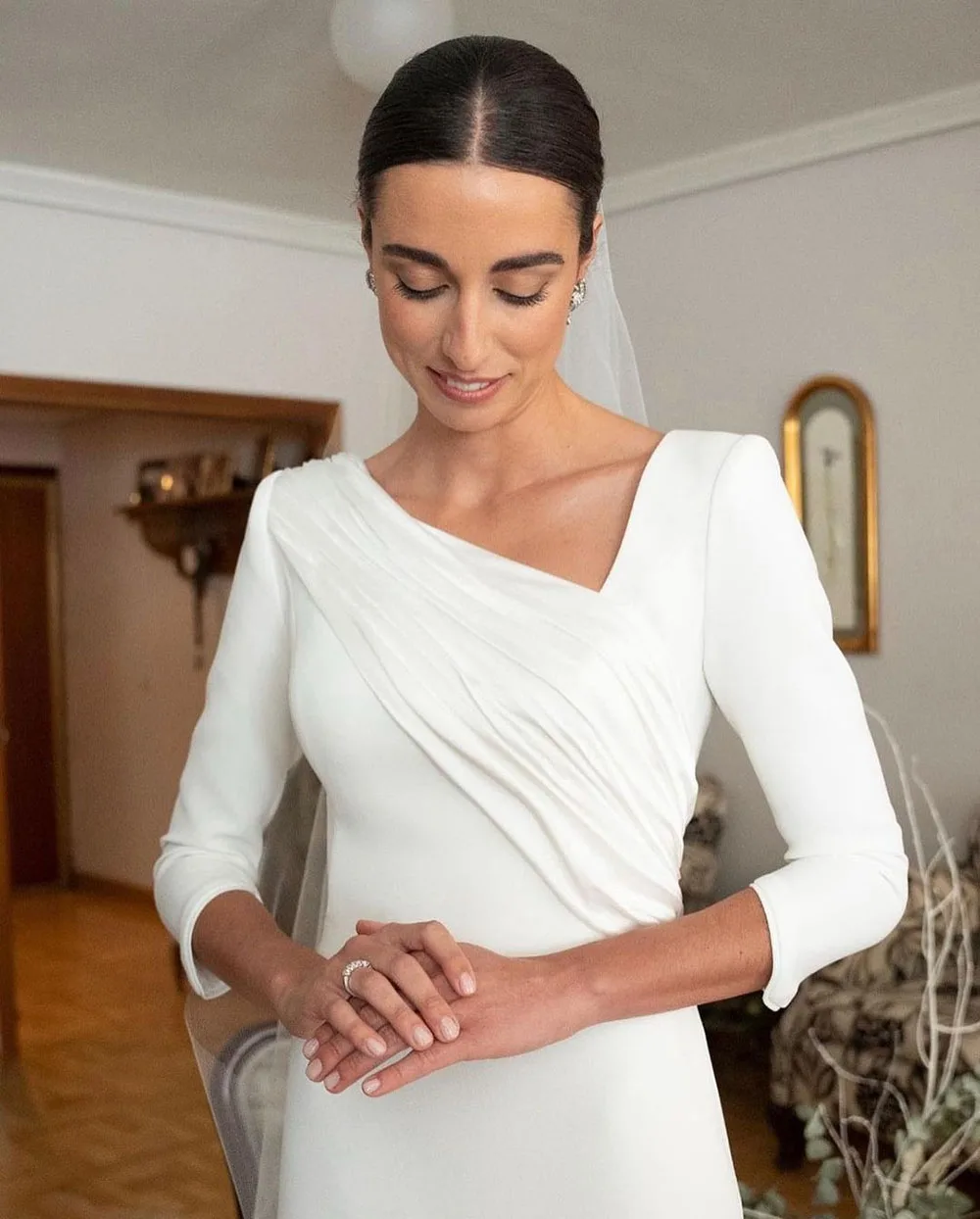 Classy Elegant Wedding Dresses For Women 3/4 Long Sleeves Pleats Civil Bridal Dresses Formal Wedding Brides Gowns Customized 2