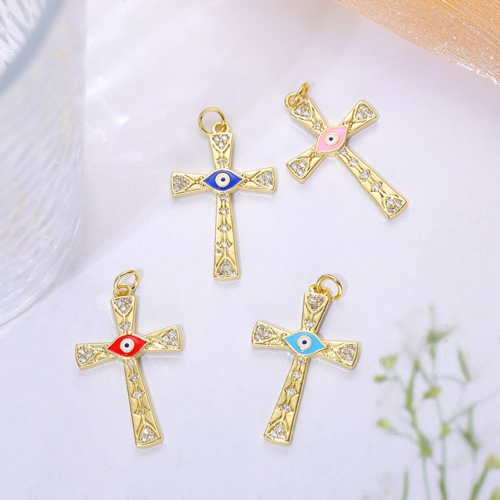 Juya 18K echt vergoldete bunte Emaille Evil Eye handgemachte Zirkonia religiöse katholische christliche Kreuz Charms Zubehör – Detail 23