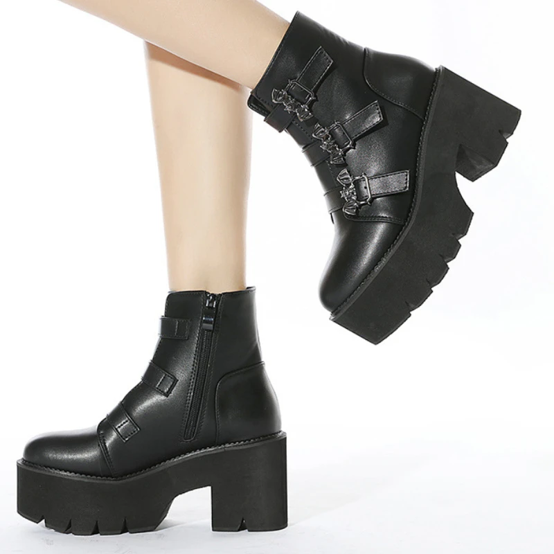 

Women's Chunky Heels Autumn Fashion Round Head Motorcycle Boots Belt Buckle Leisure Party Platform Ankle Boots Botas Femininas