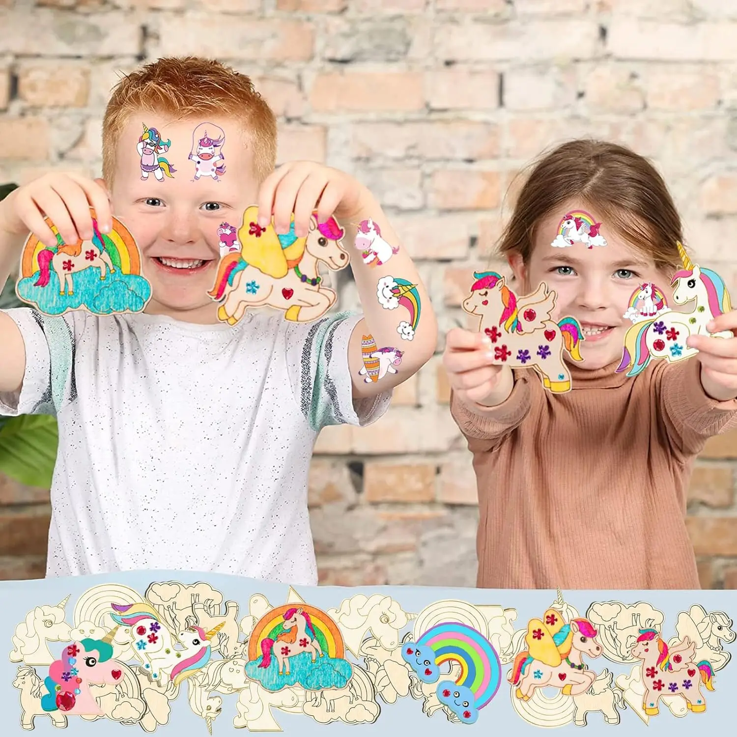 Craft Toys 386Pcs Unicorn Wood Craft Set 18Pcs Unicorn Wood 354 Rhinestones 12 Colored Pencils 2 Stickers Boys/Girls DIY Crafts