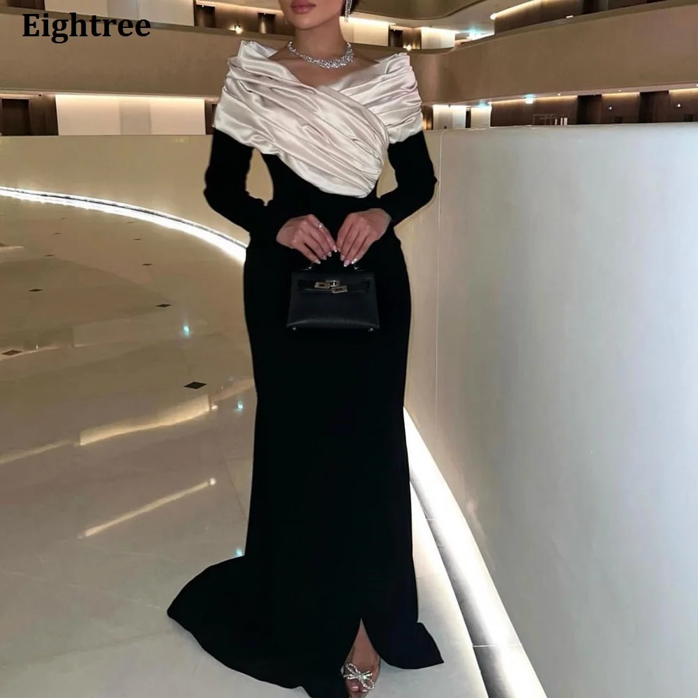 Eightree Black/White Full Sleeves Long Prom Dress Off Shoulder Evening Dresses Side Slit Formal Party Gowns Simple Vestidos long sleeve evening gowns