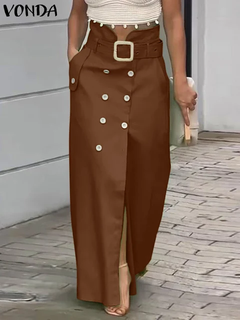 VONDA Women Elegant Skirts 2025 Casual Waistband Button Design Slit Long Overskirts Solid Color Office Lady Bottoms Oversized 1