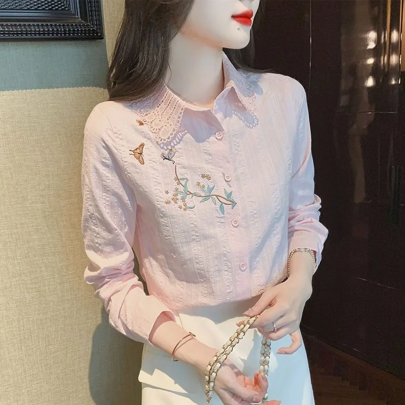 자수 여성 봄 가을 블라우스 셔츠 레이디 캐주얼 긴 소매 턴 다운 칼라 솔리드 컬러 블라우스 탑 DF4775