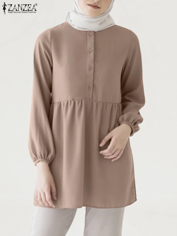 

ZANZEA Fashion Puff Sleeve Muslim Blouse Spring Women Solid Abayas Kaftan Tops Elegant Casual Shirt Femme Vintage Party Chemise