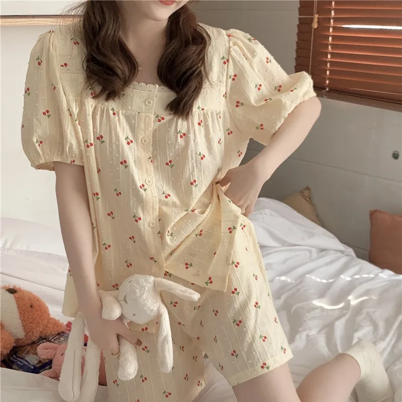 

Summer Women New Square Collar Sleepwear Cute Lacework Cherry Short Sleeve Home Clothes Pajama Set Polka Dot Embroidery D415