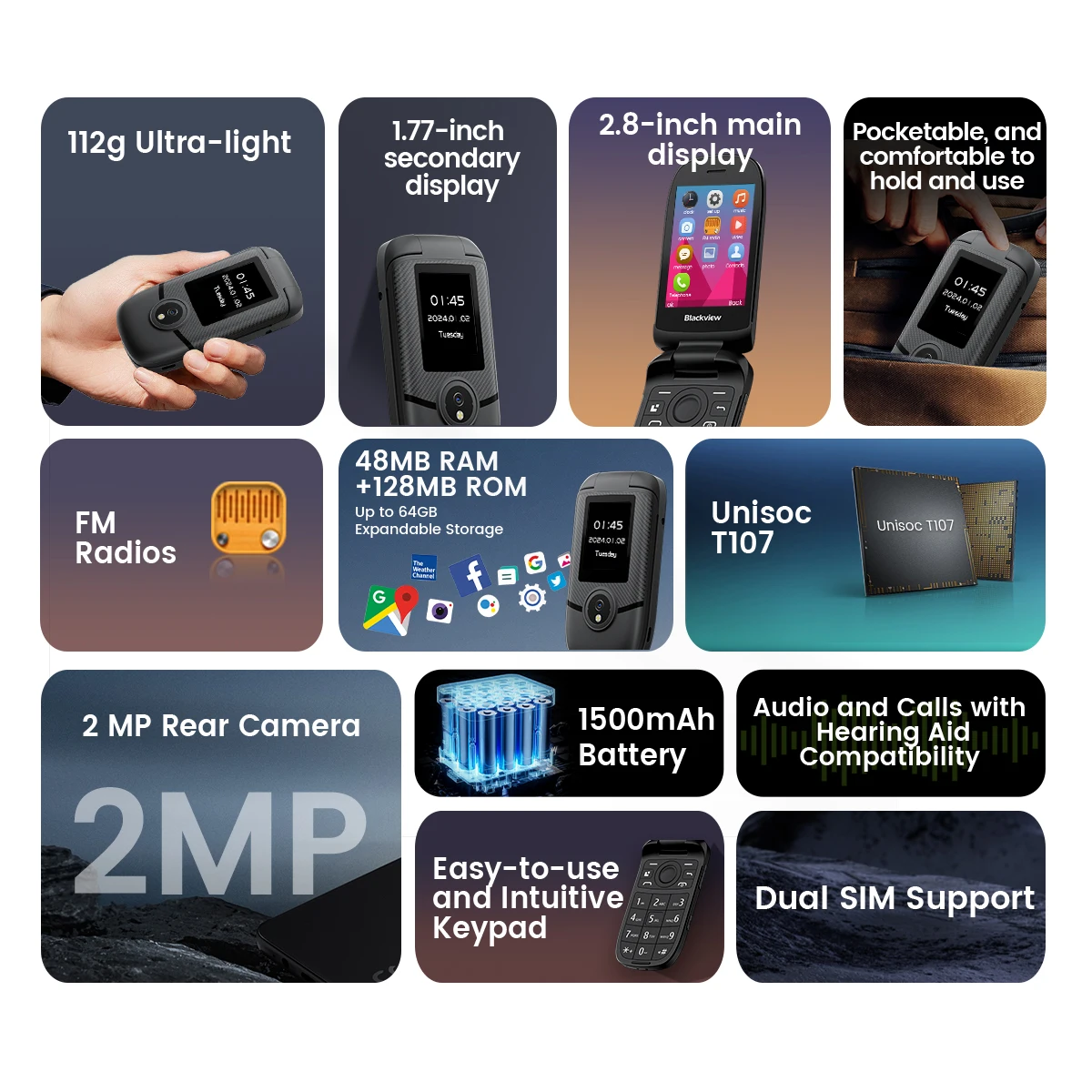 Blackview N2000 Flip Phone Elderly Cellphone Two Display 2.8" SOS Fast Quick Call Dial Push Button Folded Senior Mobile Phone 2