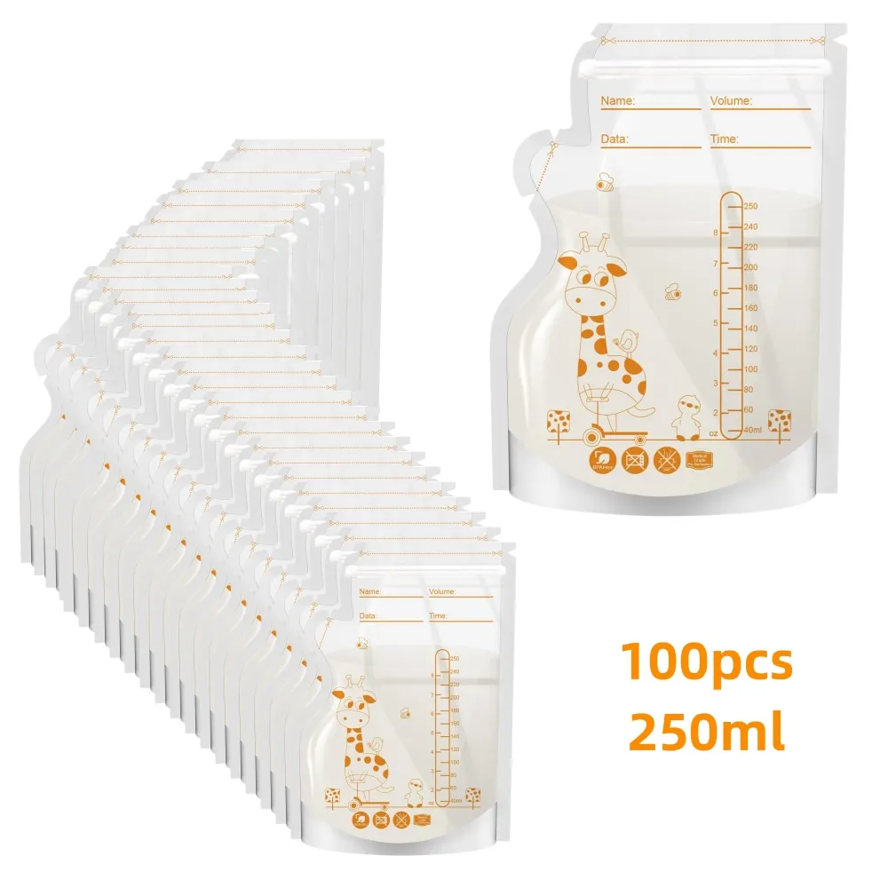Baby Food Storage Containers Giraffe 100pcs Breastmilk Storage Bag Self Standing No Leak Milk Freezer Bags Safe Feed BPA Free