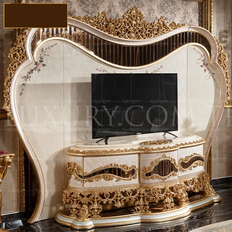 

Luxury European solid wood carved TV cabinet French villa living room gold foil indoor court palace furniture