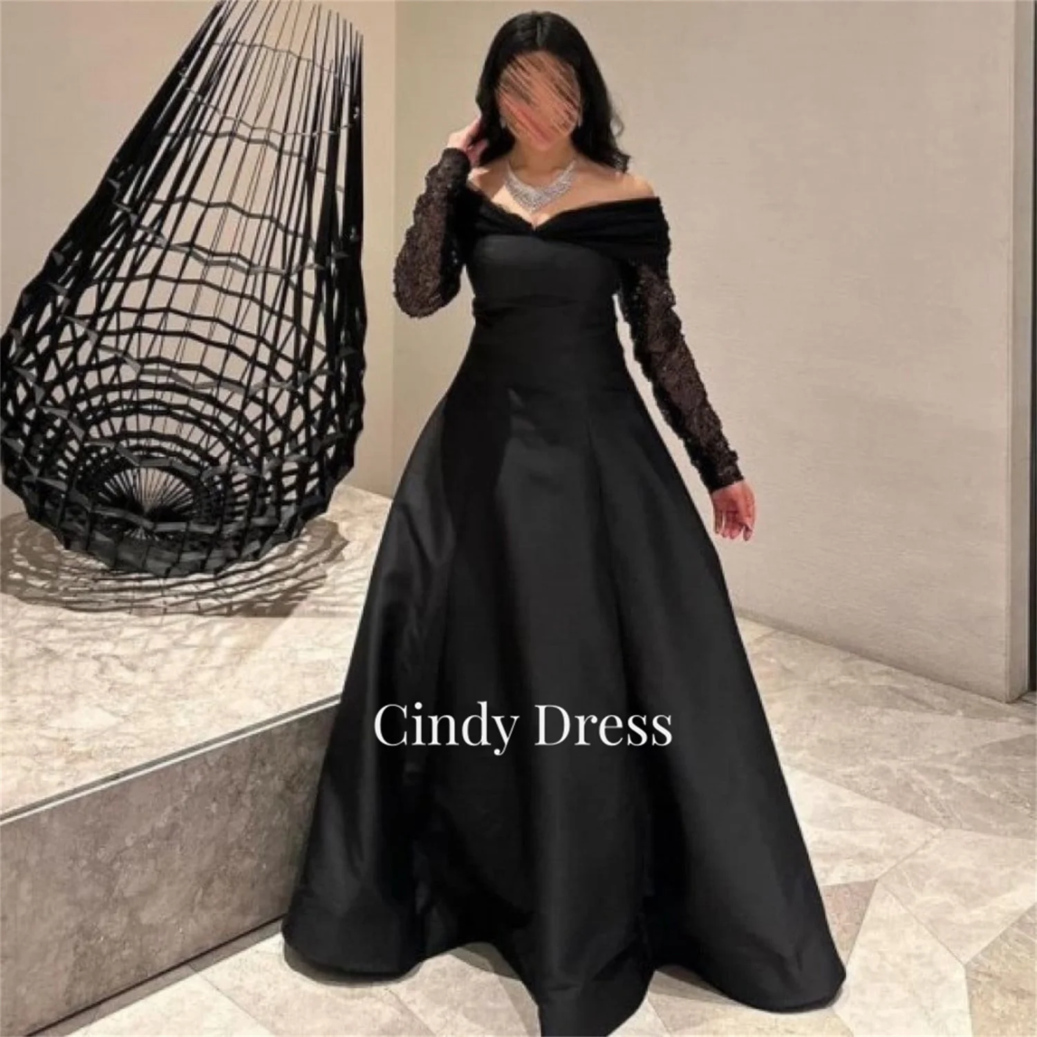 

Cindy Eid Al-fitr Evening Dresses Woman Elegant Party Dress for Women 2024 Black Satin Grace Off the Shoulders Line A Ball Gowns