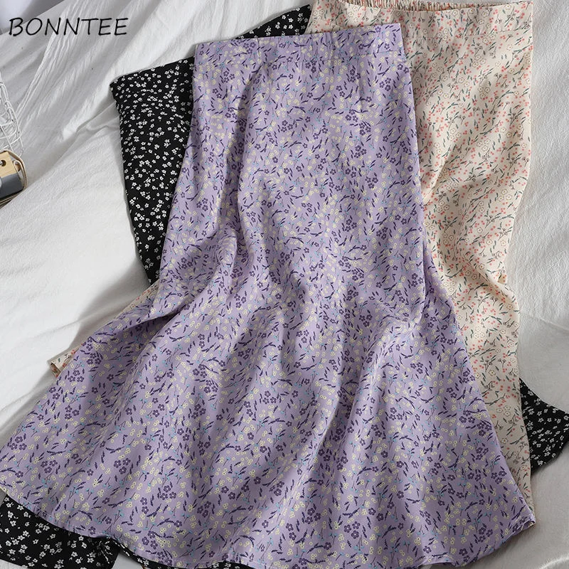 

Skirts Women A-line Mid-calf Summer Empire Stylish Floral Simple Korean All-match Harajuku Streetwear Female Casual Elegant Ins