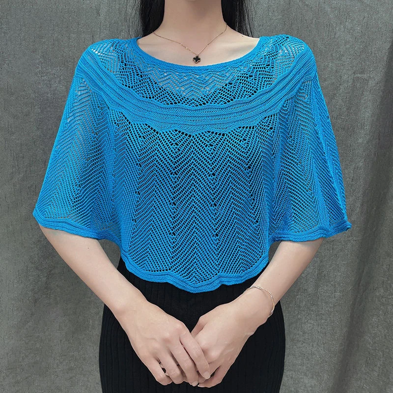 Sd6fc55f9f68b46adbd1297eb89f6bb72E Korean Ice Silk Hollow Knit Sunscreen Shawl Female Summer Air Conditioning Neck Protection Pullover Knit Blouse Women's Cape V35 Mallzona