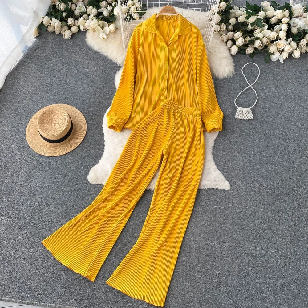 

Женский плиссированный спортивный костюм, элегантный комплект из двух предметов, рубашка с длинным рукавом и прямые широкие брюки, весна