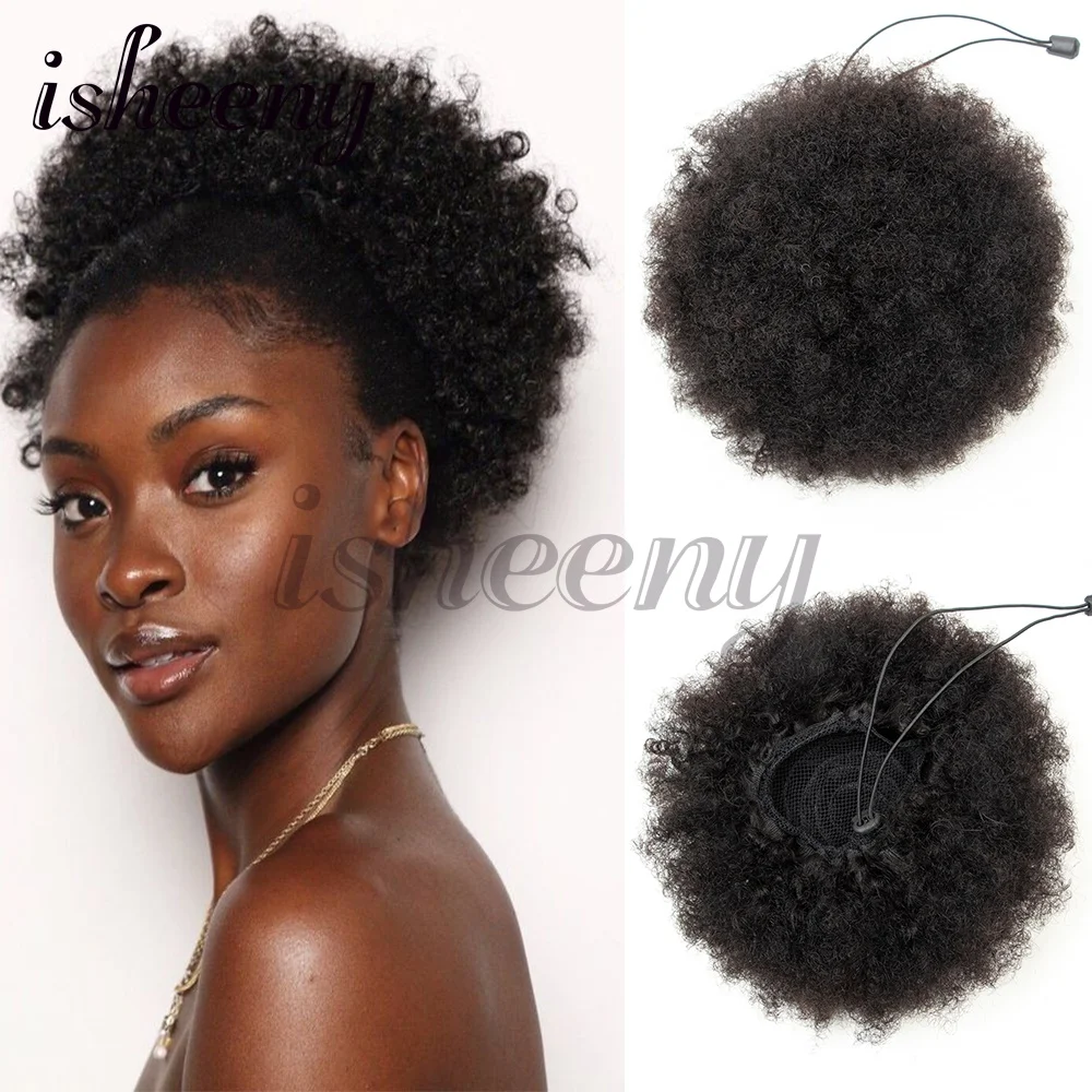 Afro Puff Kinky Curly Ponytail Human Hair Extensions Buns Chignon Accessories Drawstring Curly Ponytail Remy Human Hair 1