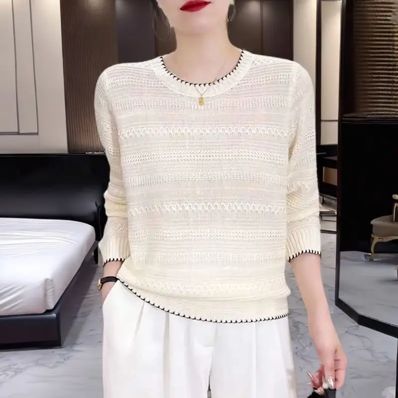 뜨게 O넥 긴팔 Y2K 상의, 캐주얼 스웨트, 레트로 한국 스타일 티셔츠, 오피스 레이디, 여름 신상, 2024