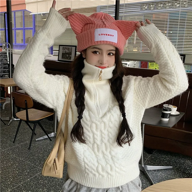 Thicken Turtleneck Sweater 2022 Women Fall/winter Loose Zipper Knit Wool Sweaters Solid Warm Female Pullover Tops Trend long cardigan Sweaters
