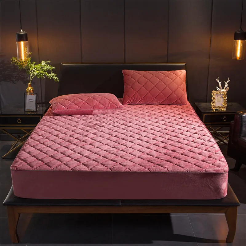 Coral FleeceThicken Quilted Mattress Cover Short Plush Quilted Bed Fitted Sheet Queen Double Bed Cover Not Including Pillowcase