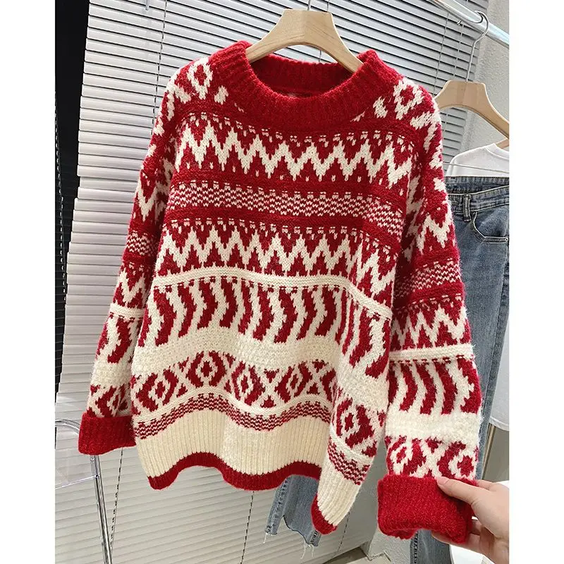 

2023 New Autumn and Winter Fashion Simple Round Neck Jacquard Laydown Sweater Vintage Loose Relaxed Women's Outerwear Sweater