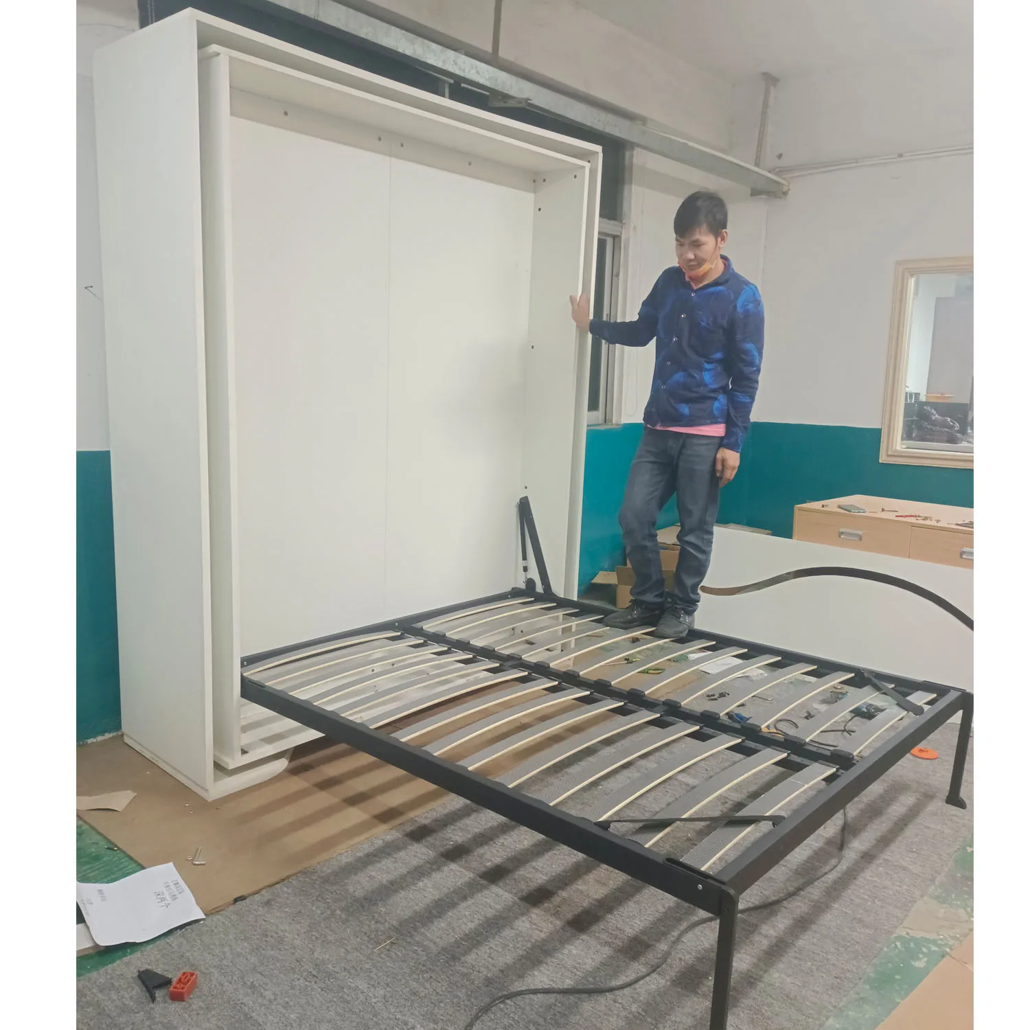 Description Picture 5 of itemWooden Rotating invisible folding bed combination multi functional wardrobe cabinets desk bookcase wall Murphy bed