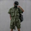 2024 Summer New Men's Japanese Short sleeved Shorts jumpsuit Set Trendy Retro Work Style jumpsuit Loose Set Ultra Thin Ice Silk 6