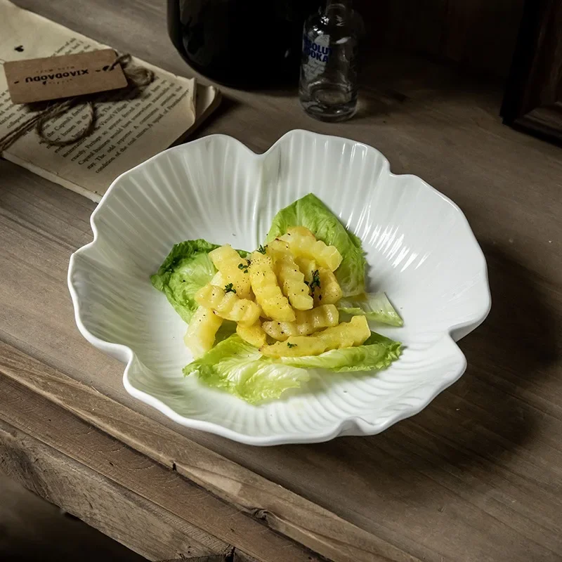 Nordic Kitchen Ceramic Dinner Plates White Embossed Flowers 8-inch Salad Plates Food Soup Pasta Dinners Dishes Bowl Tableware