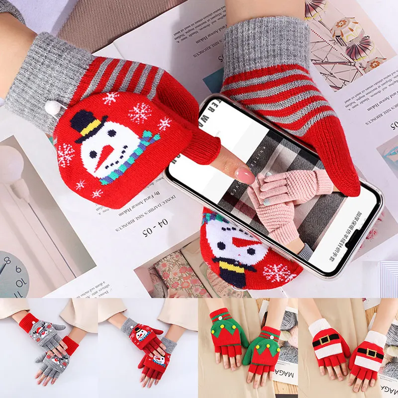 

1 Pair Women Flip Top Gloves Christmas Style Knitted Half Finger Gloves Winter Thick Warm Fingerless Gloves Cartoon Elk Mittens