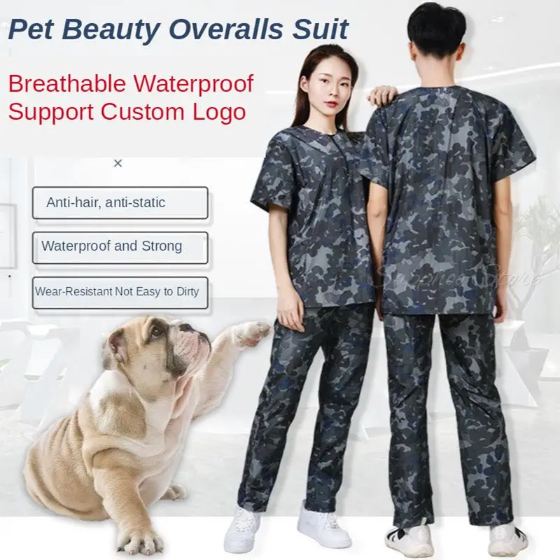 Camouflage Pet Shop Groomer Work Clothes Suit Washable Waterproof Cloth Anti-static Hair Beauty Salon Apron Custom LOGO G0919