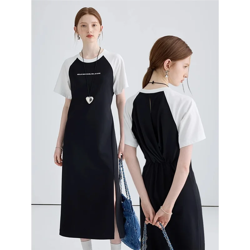 

2023 Summer Women Korean Fashion Mid-Long Slit Dress O-Neck Contrast Color Frocks Short Sleeve Streetwear Tide Cozy One-Piece