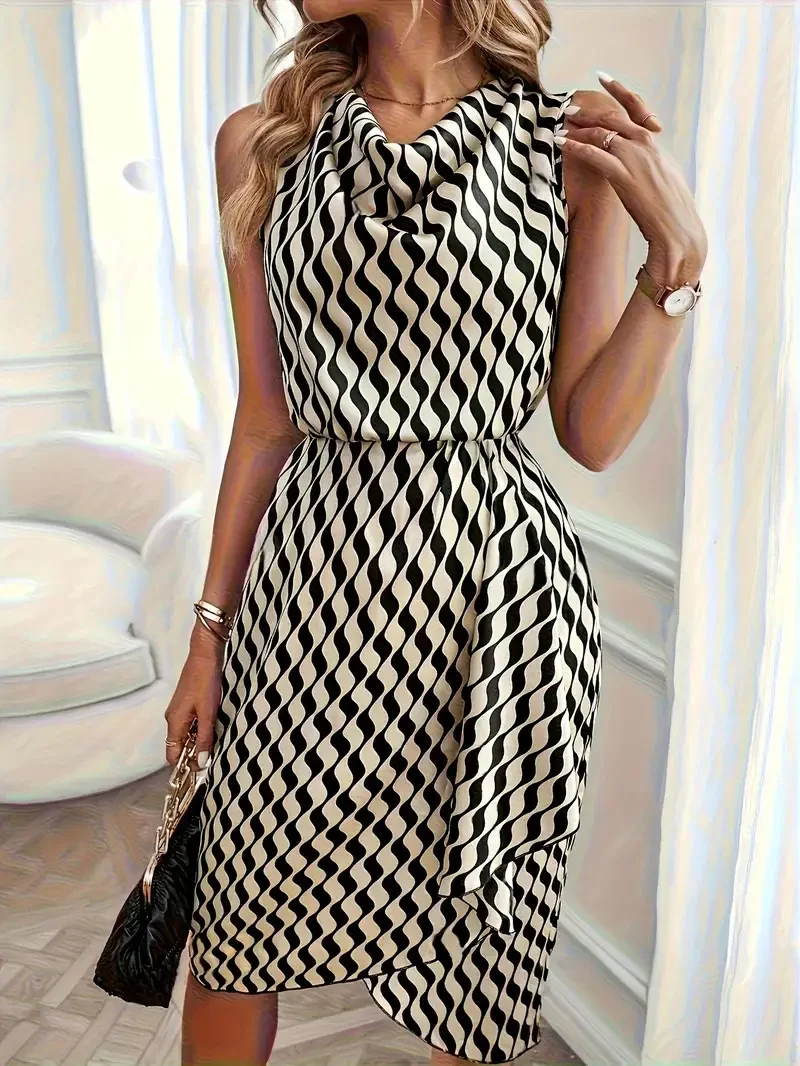 Women Sleeveless Midi Dress Wavy Stripe Print Elastic Waist Asymmetric Ruffle Hem Elegant Summer Party Dress Multi Colors 1