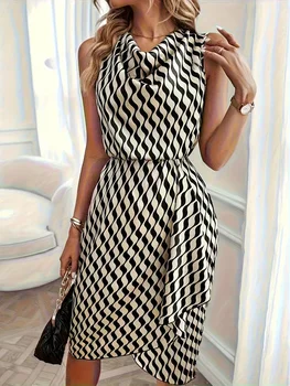 Women Sleeveless Midi Dress Wavy Stripe Print Elastic Waist Asymmetric Ruffle Hem Elegant Summer Party Dress Multi Colors 1