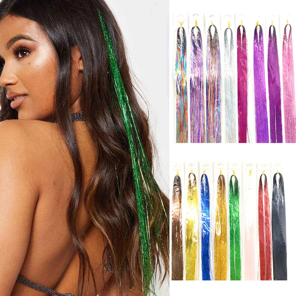 90cm Colorful Shiny Threads Glitter Hair Tinsel Kit Gold Silk Hair Glitter String Extensions Accessories For Women Headdress - Braiders - AliExpress - Hair Care Products