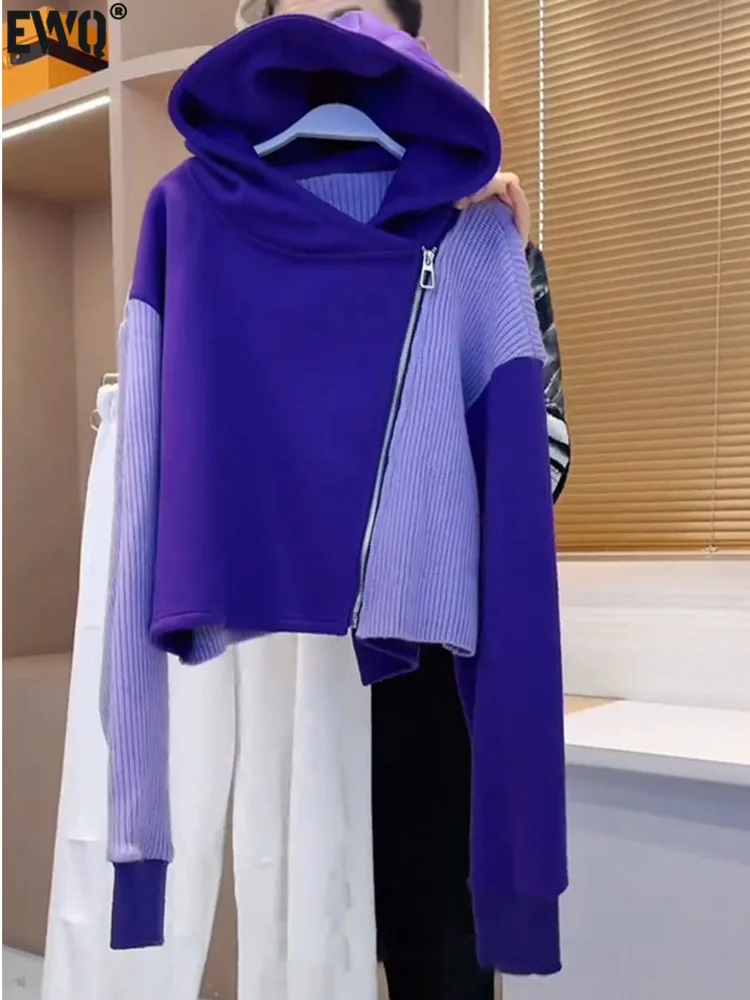 

[EWQ] High Street Fashion Contrast Color Zipper Women's Hooded Sweatshirt Long Sleeve Knitted Top 2023 New Autumn Winter 16U6720