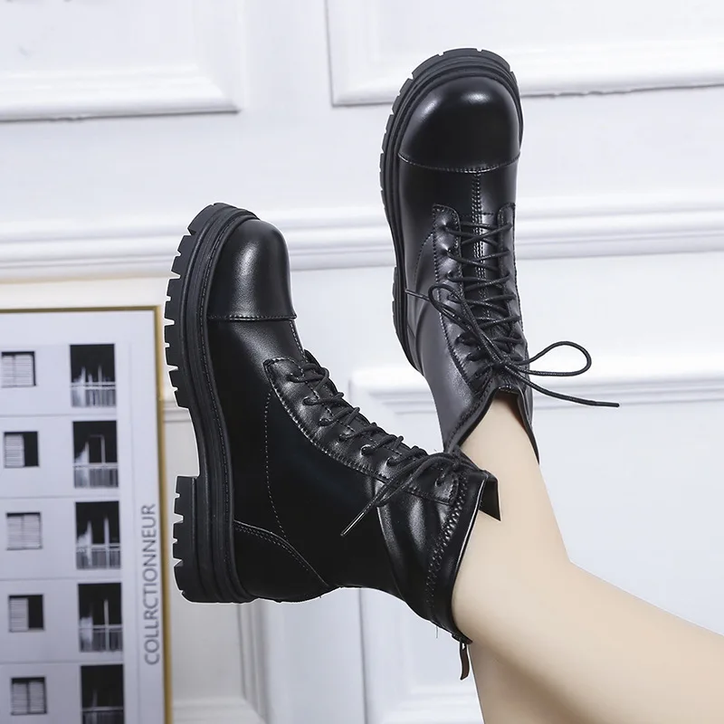 TSTCTB Women PU Leather Ankle Boots Female Round Toe Platform Block Mid Heel Lace-up Zipper Lady Short Boot Autumn Winter Shoes
