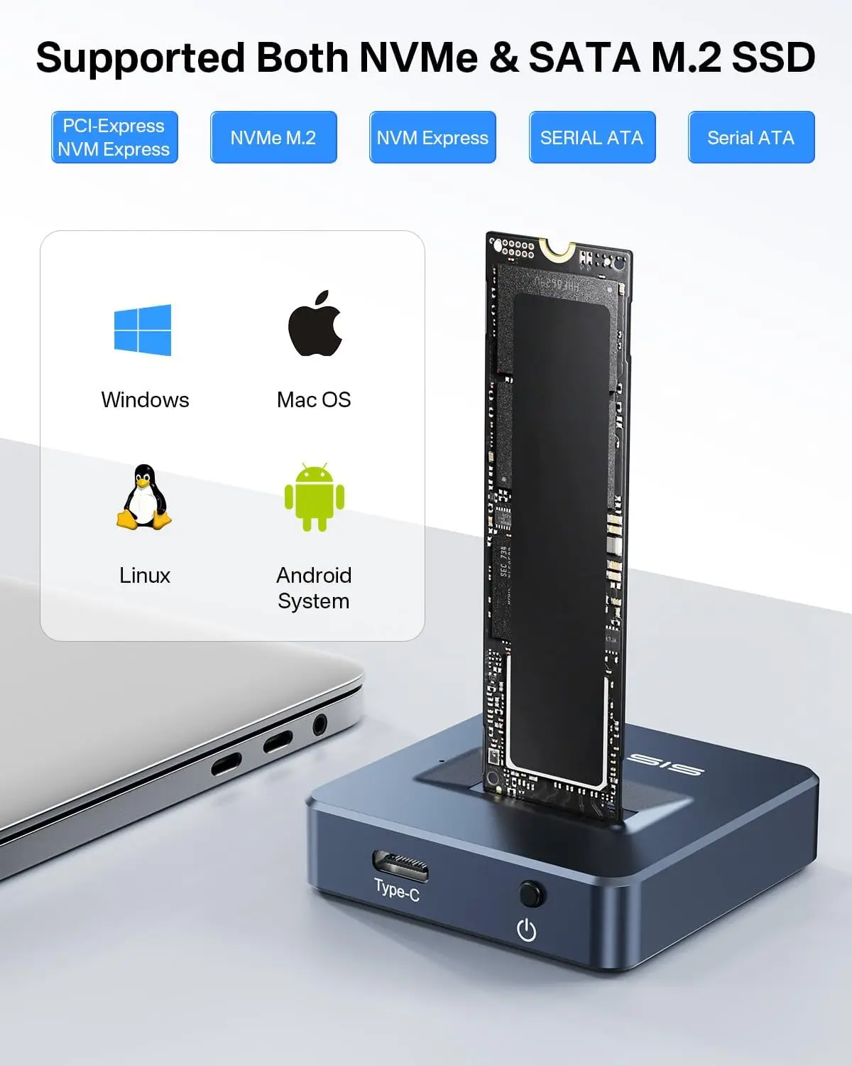 ACASIS M.2 NVMe & SATA naar USB C dock, SSD-behuizingsadapter NVMe, USB 3.2 Gen 2 (10 Gbps), aluminium legering, ondersteuning M.2 (M-toets) en (B M- toets) SATA