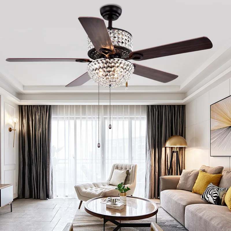 American crystal ceiling fan lamp Living room bedroom remote control fan Light LED restaurant ceiling lamp fixtures