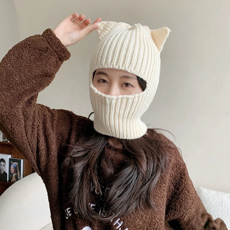 Female Hat In Autumn and Winter Winter Knitted Wool Hat Ear Protection Windproof Two Wear Method Cute Ear Thickening Warm Hat new autumn and winter woolen hat hot winter hat warm knitted drawstring solid color baby knitted hat hat