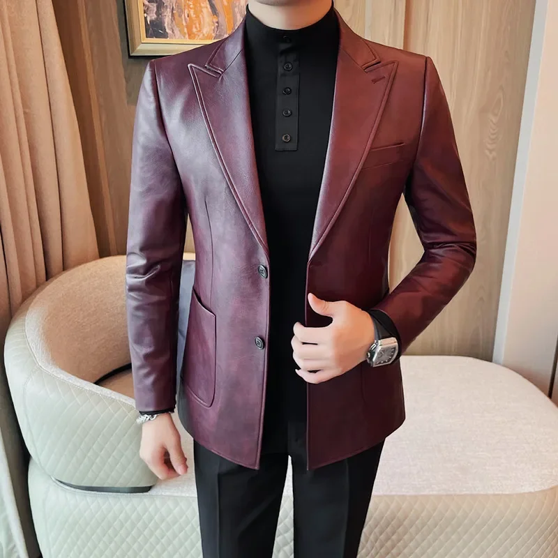 Leather Suit Jackets Men Autumn Winter Classics Solid Slim Casual Business Blazer Office Wedding Social Dress Men Clothing