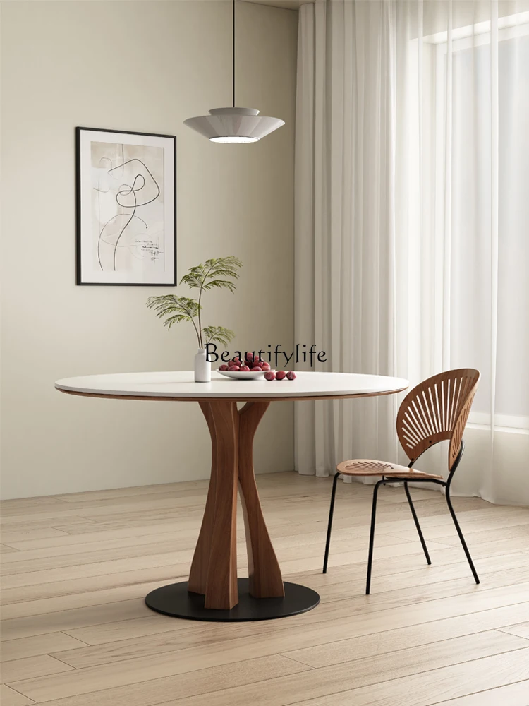 

Round Table Solid Wood Dining Table Simple White Small Apartment Feng Stone Plate Household Dining Table