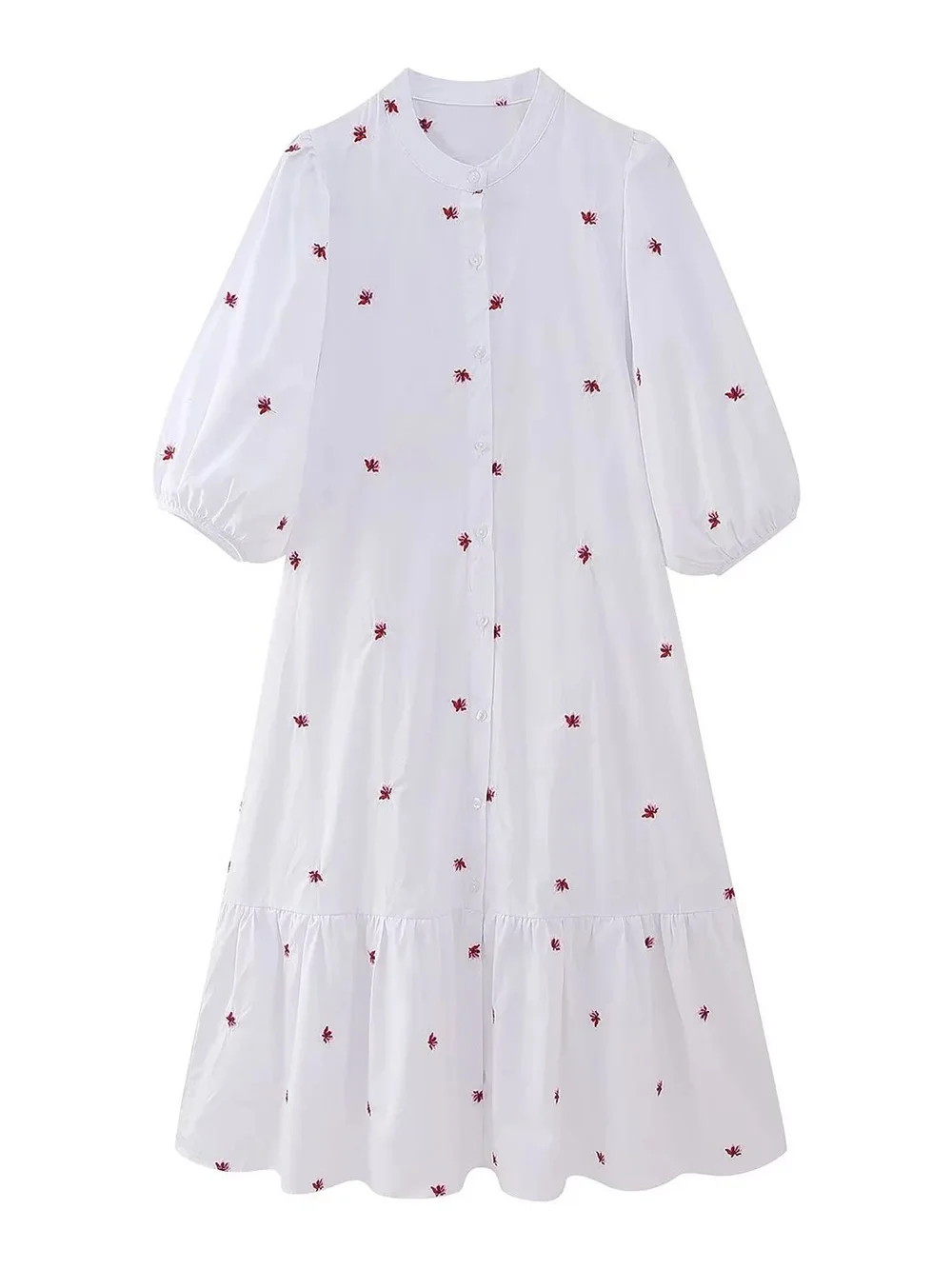 

Summer White Shirt Dress Women Elegent Embroidery Flower Ruffles Hem Casual Lantern Sleeve Loose Long Dress Midi Vestidos