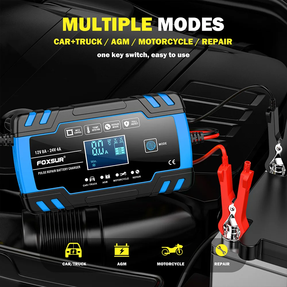 FOXSUR Autobatterieladegerät 12V 8A 24V 4A Touchscreen Pulsreparatur LCD Schnelles Aufladen Nass Trocken Bleisäure Digitales LCD-Display – Detail 6