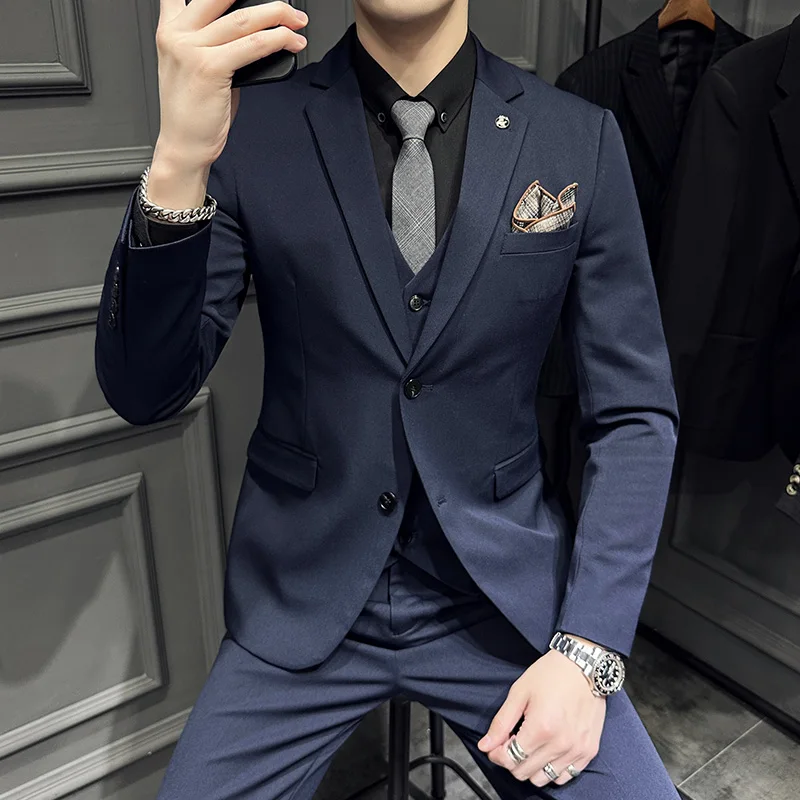 

Текстурный костюм из двух пуговиц (двойной разрез сзади), высококачественный облегающий свадебный костюм (костюм + жилет + брюки), модный Комплект из трех предметов